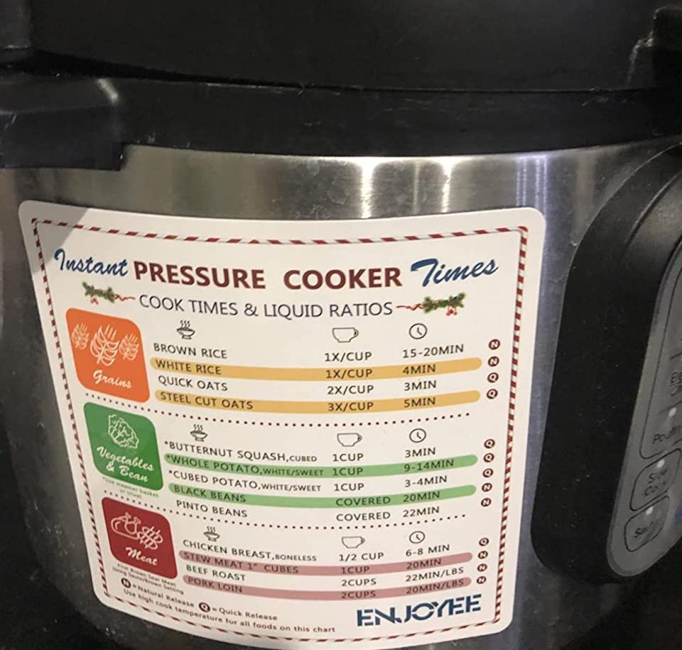 pressure cooker with a cheat sheet on it