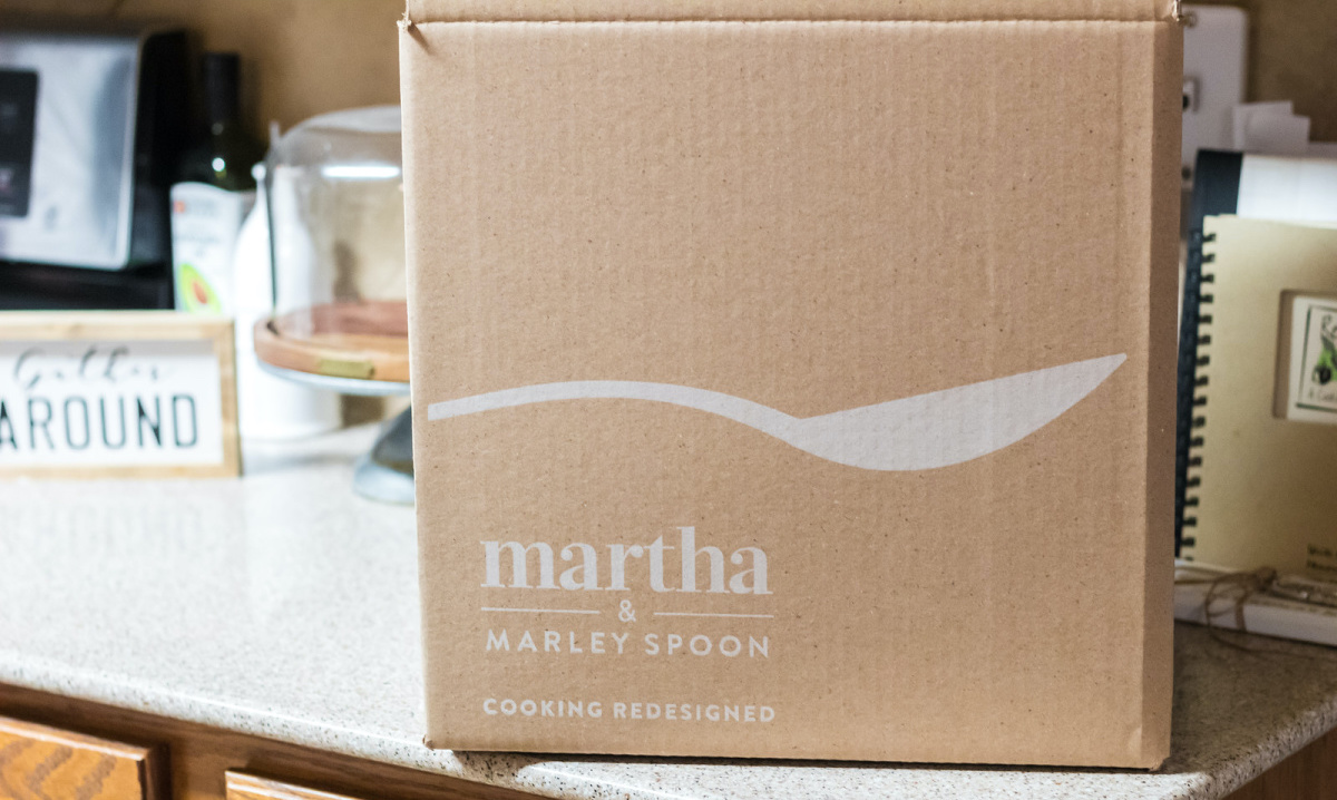 Martha Stewart & Marley Spoon meal delivery box on kitchen counter