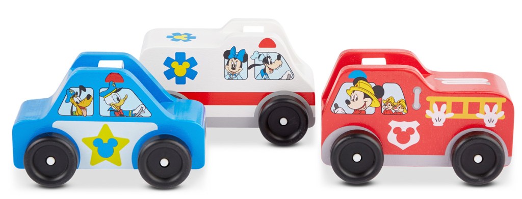 three wooden mickey mouse character themed rescue vehicles