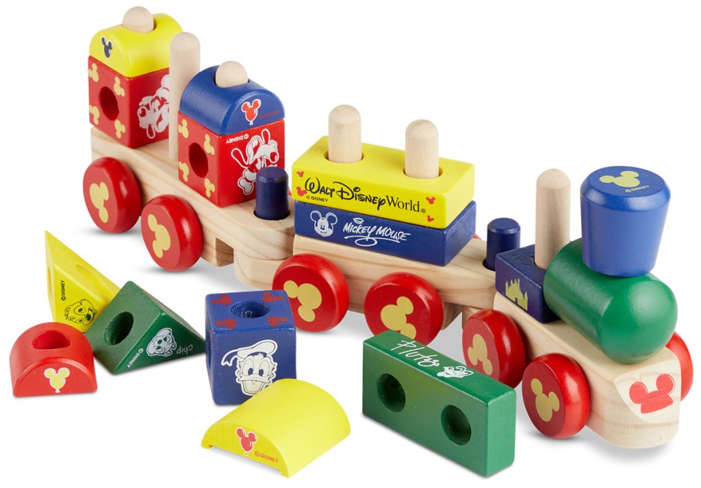 colorful wooden disney themed train with stackable cargo pieces