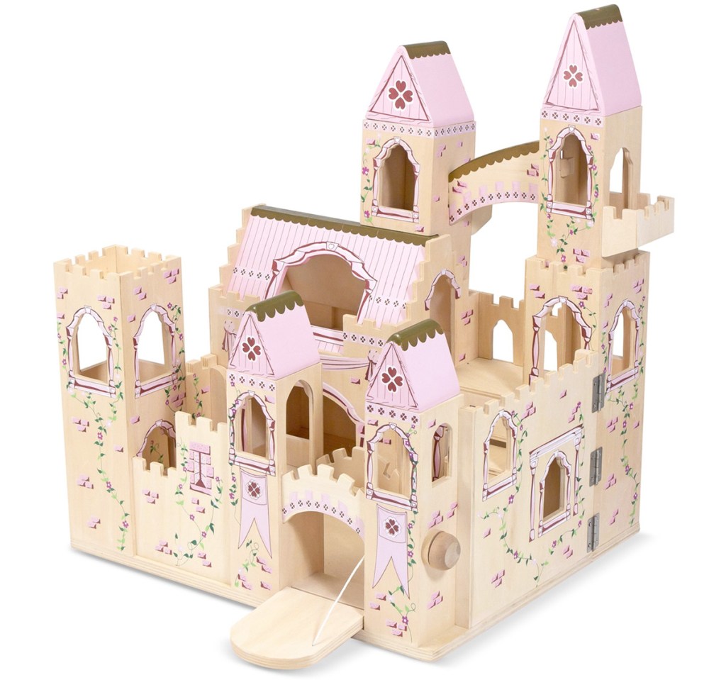 wooden princess castle with pink rooftops and accents