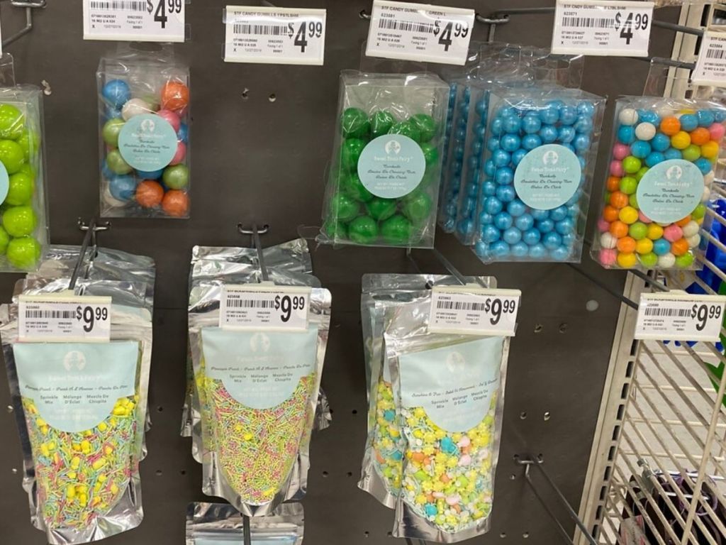 bags of baking accents like gumballs and sprinkles