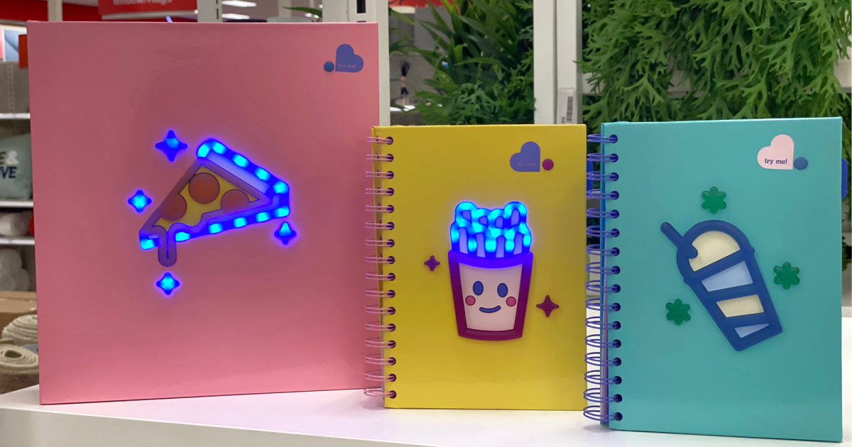 two light up journals and one light up pizza binder