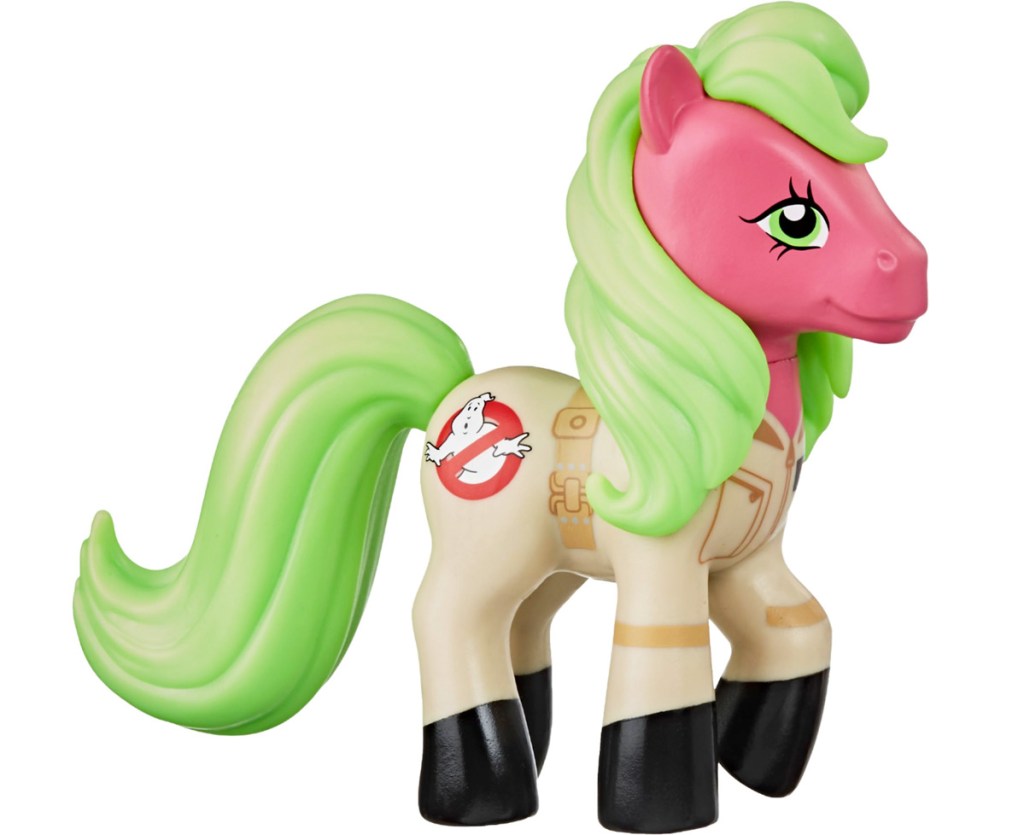 pink my little pony figurine with ghostbusters uniform and green hair