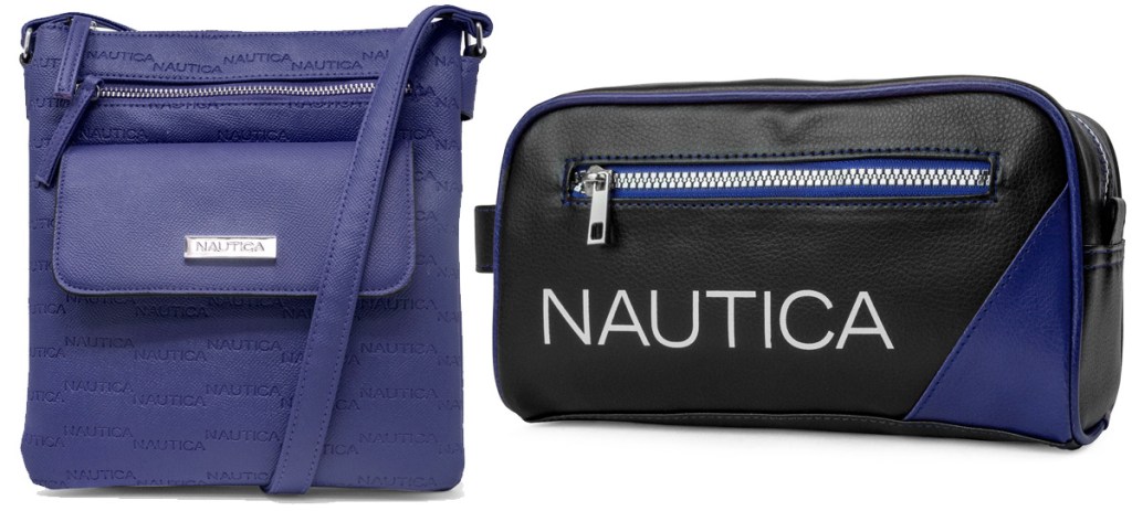 blue nautica crossbody bag and black and blue travel kit