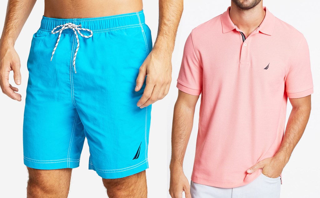 men modeling blue swim trunks and light pink polo shirt