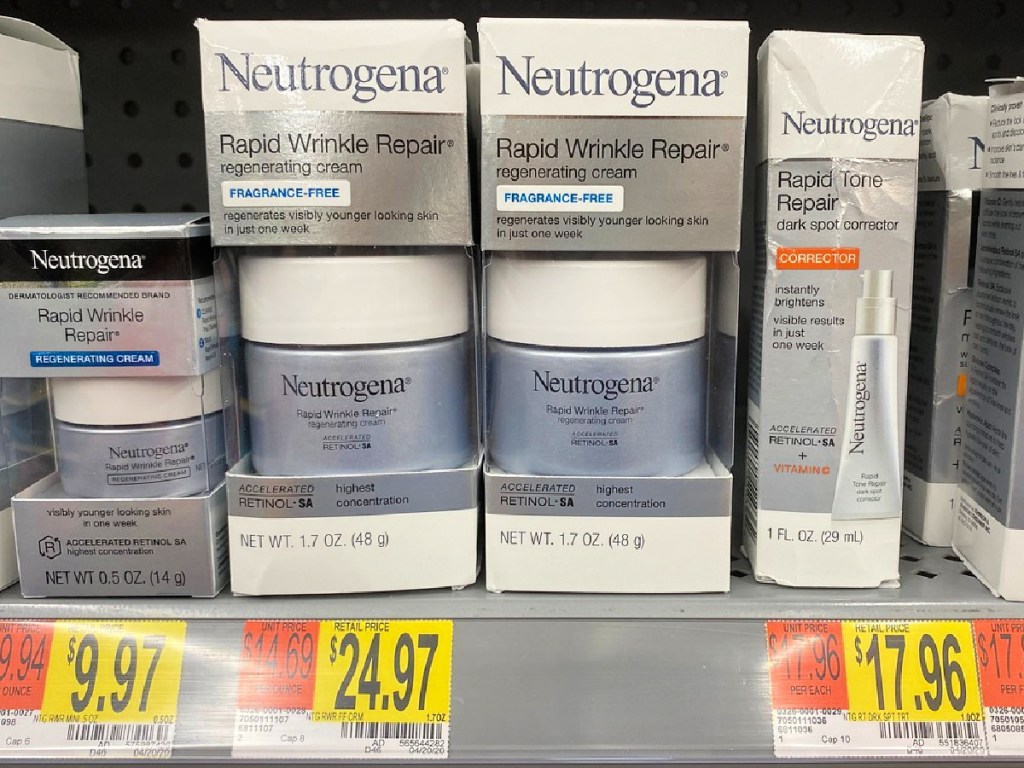Neutrogena rapid wrinkle repair creams on shelf at Walmart