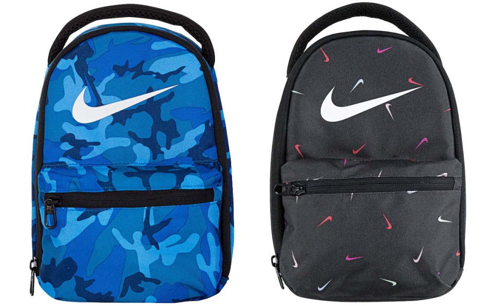two Nike brand lunch boxes with white Nike logo on front in blue camo and black with mini multi-color Nike logo prints