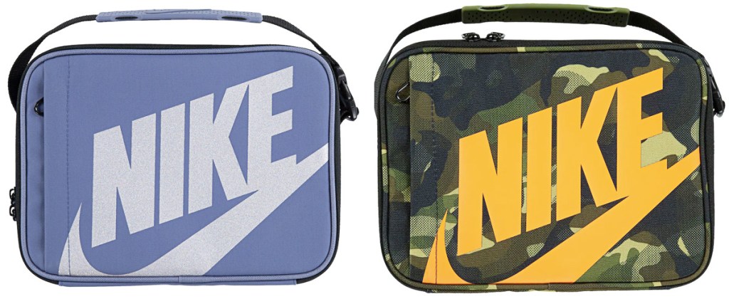rectangular shaped Nike brand lunch boxes with Nike logo on front in light purple and green and yellow camo