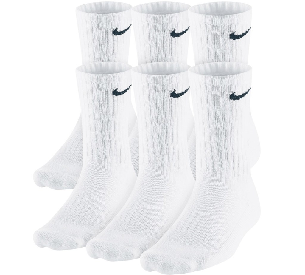 sick white crew socks with black nike logo on calf