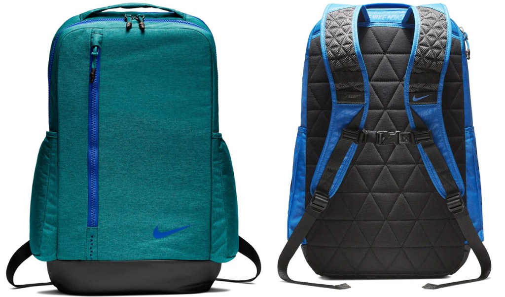 front and back views of a green nike brand backpack with blue zippers and black and blue straps