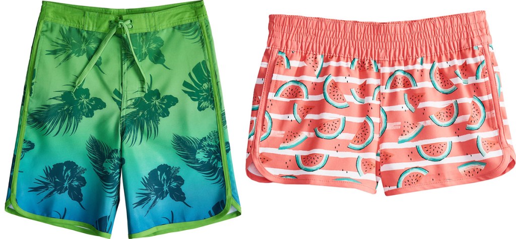 boys green and blue tropical print board shorts and girls watermelon print board shorts