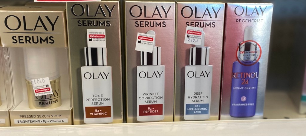 row of Olay Serums on shelf