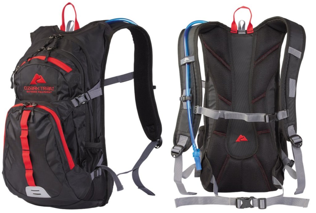 black and red daypack backpack front facing and rear facing