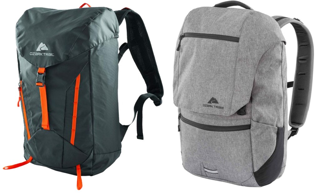 black backpack with orange zippers and grey fabric backpack with foldover top