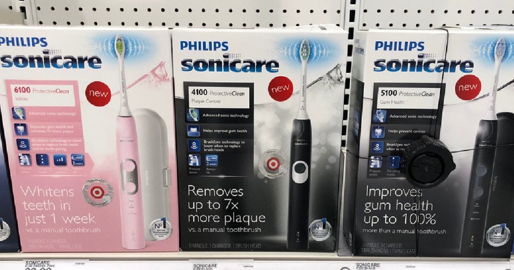 Philips Sonicare toothbrushes on a shelf