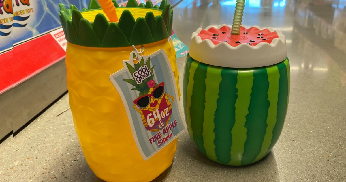Pineapple and watermelon Tumblers sitting on a store floor
