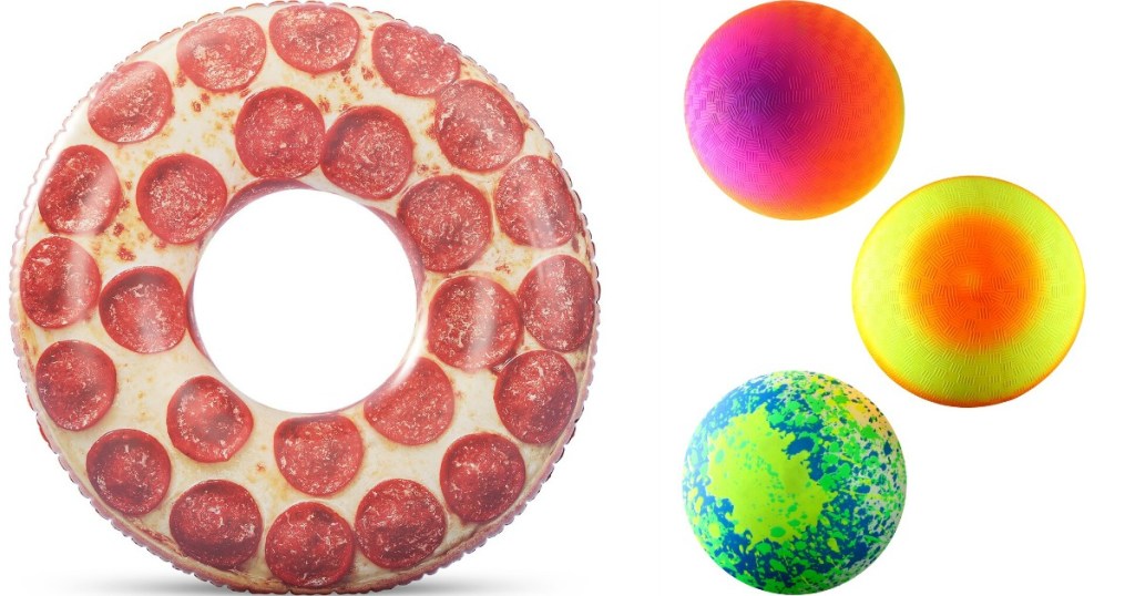 pizza pool float and three neon balls