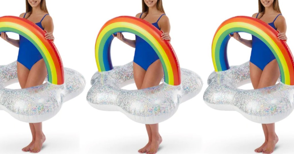 lady wearing a rainbow pool float