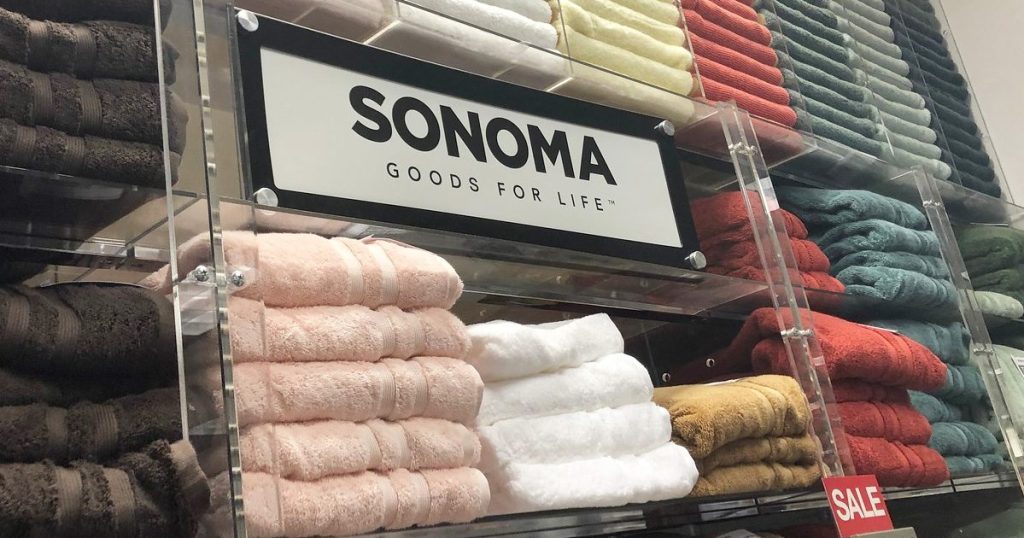 store display of sonoma bath towels in various colors
