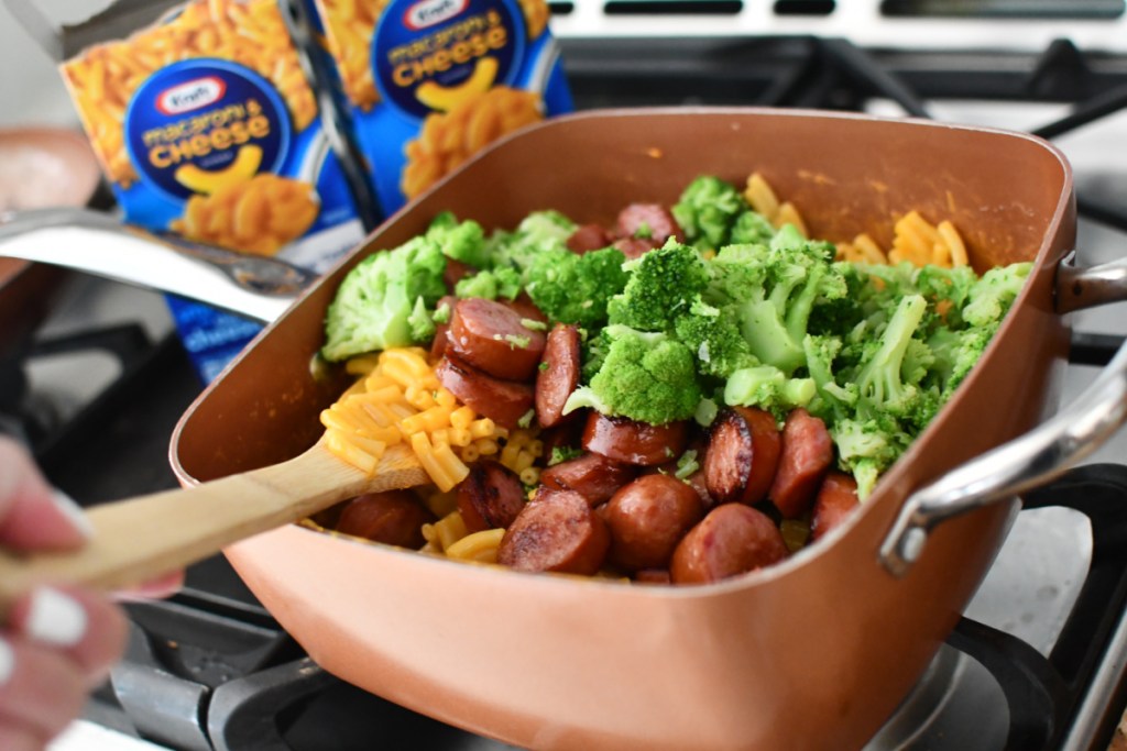 how to make boxed mac and cheese better by adding sausage and broccoli