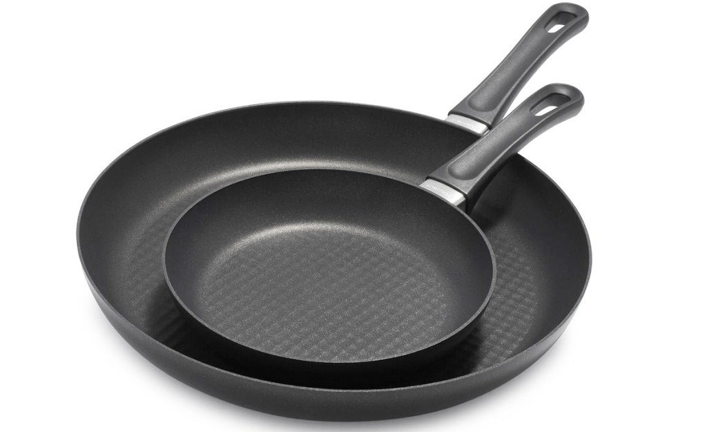 set of two black nonstick frying pans with black handles