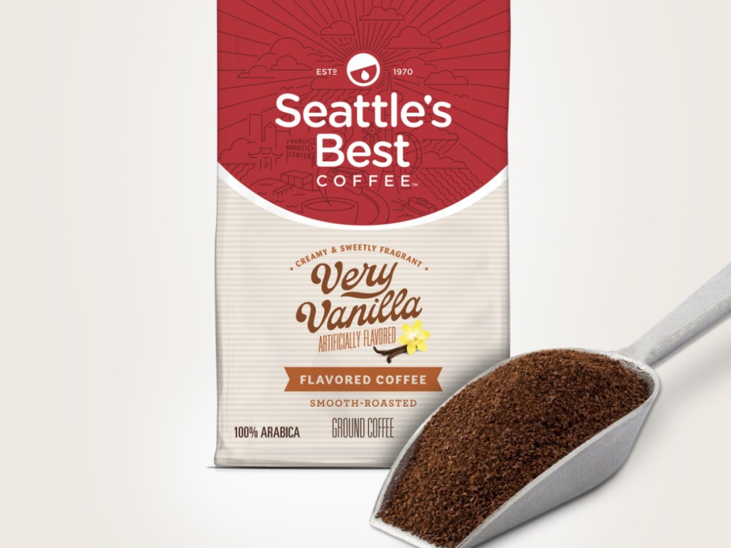Seattles Best Coffee Bag with Scoop and coffee grounds