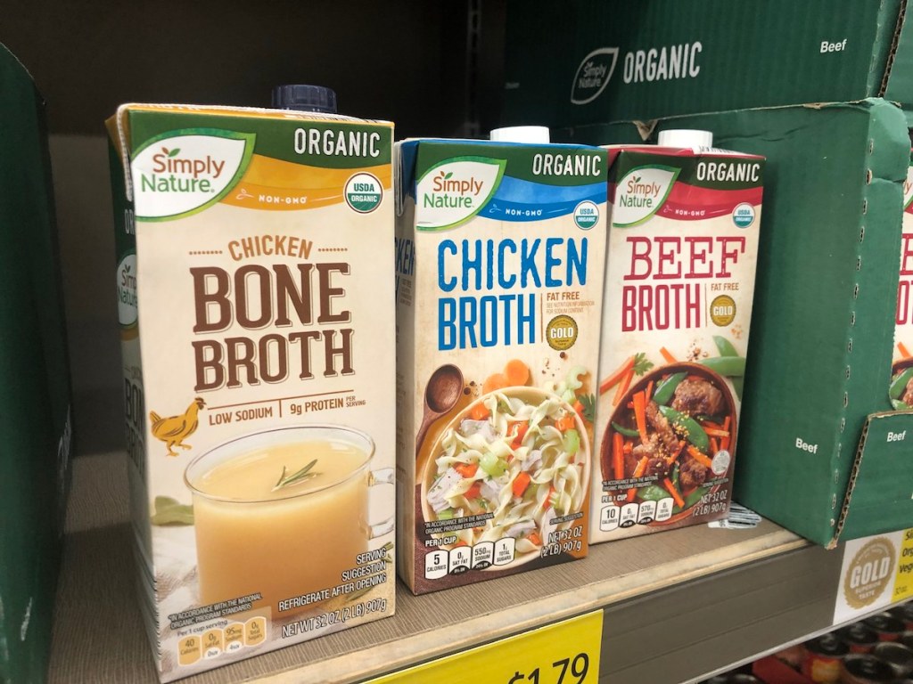 shelf with Simply Nature Chicken Broth, bone broth and beef broth