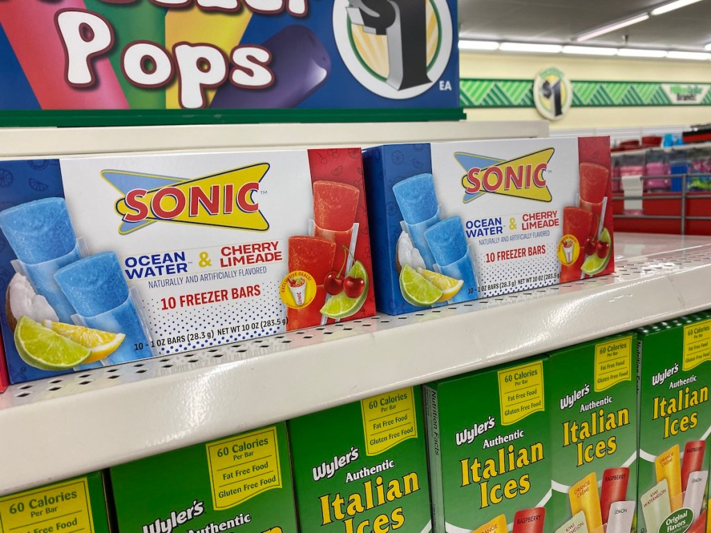 boxes of sonic popsicles on shelf at dollar tree