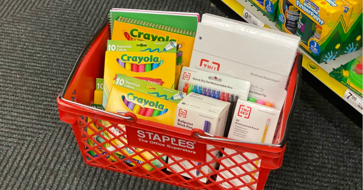 Staples basket with school supplies