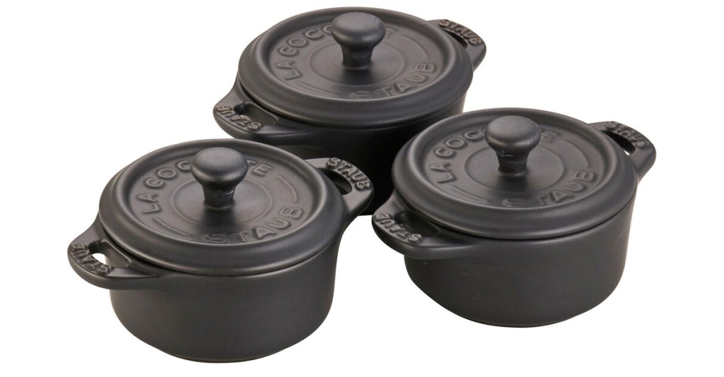 set of three matte black mini baking dishes with matching lids