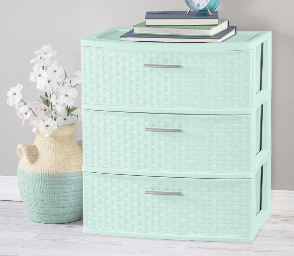 tower of three plastic drawers in mint color with basket weave design