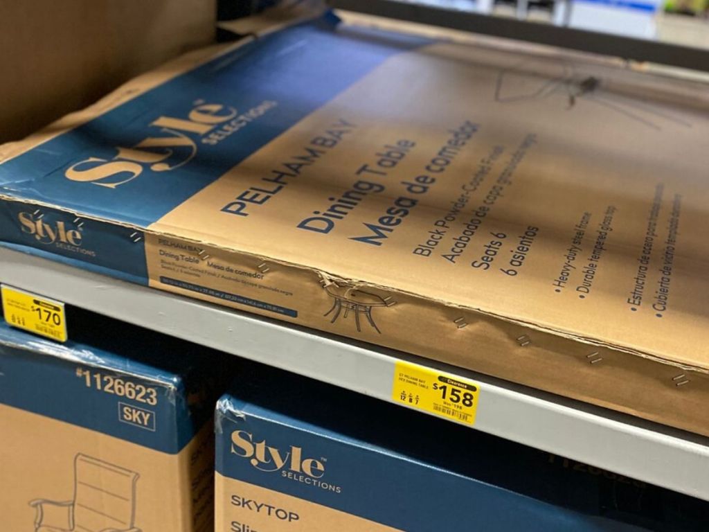 large flat cardboard box on store shelf 