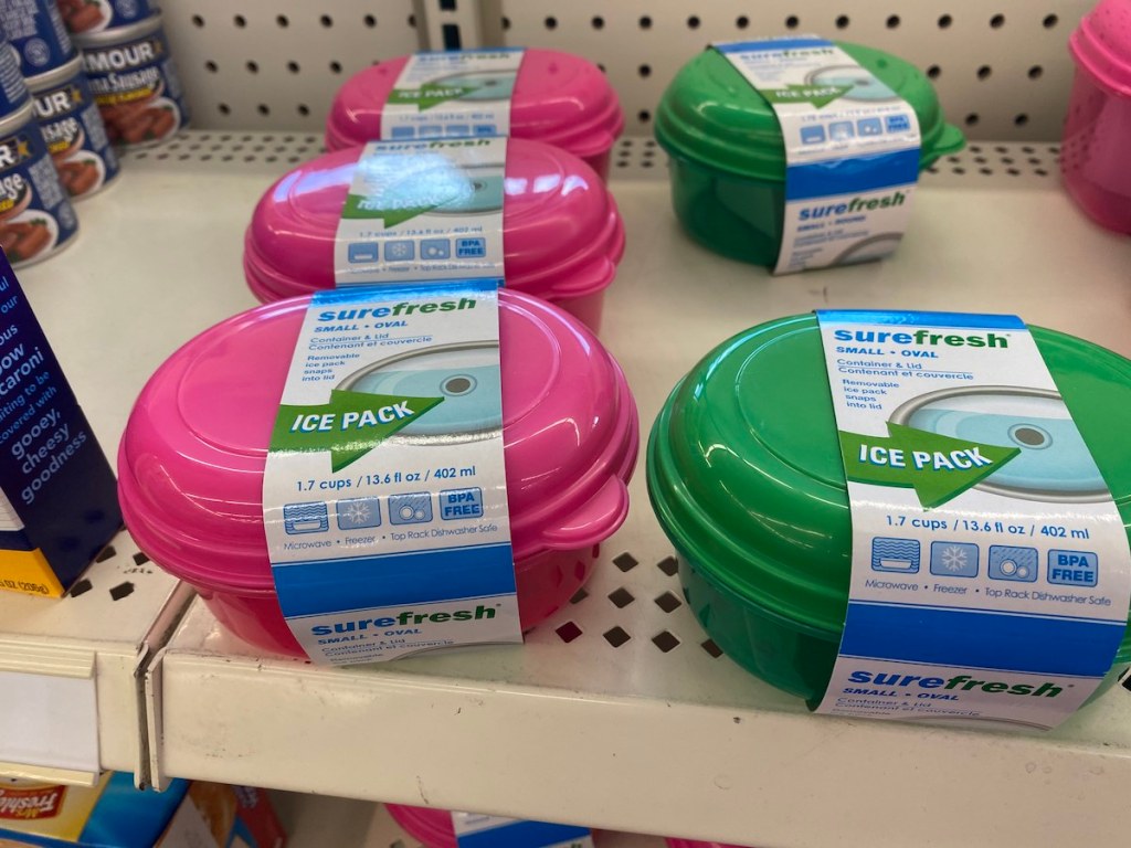 blue, pink, and green Sure Fresh Small oval Container, Lid, & Ice Pack Combo on shelf at dollar tree