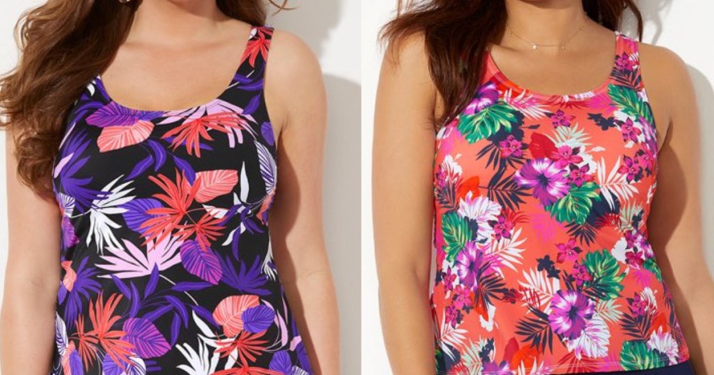 2 women wearing colorful floral tankini tops