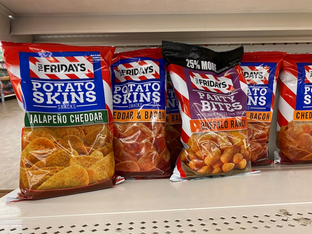 shelf with various TGI Fridays Chips