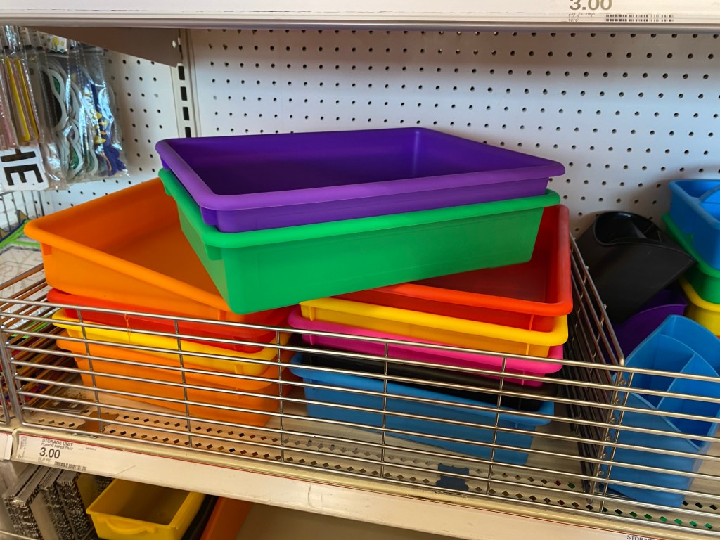 colorful letter trays on target shelf