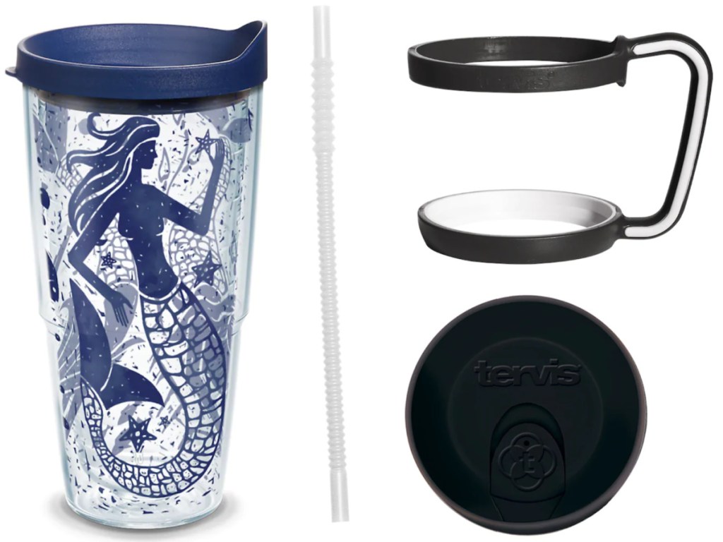 Tervis Mermaid Tumbler next to Tervis on the go accessory set