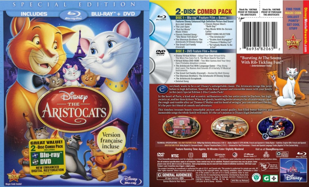 Front and back view of a blu-ray case of The Aristocats