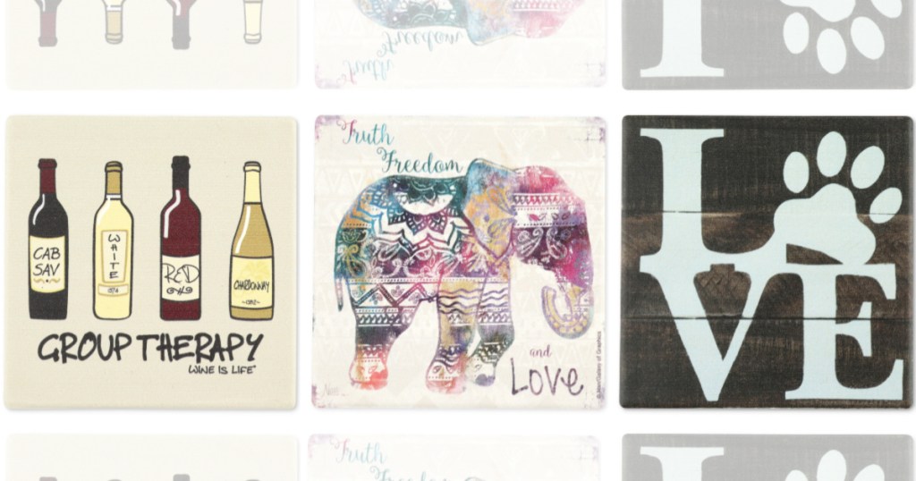 wine coaster, elephant coaster, and love paw print coaster