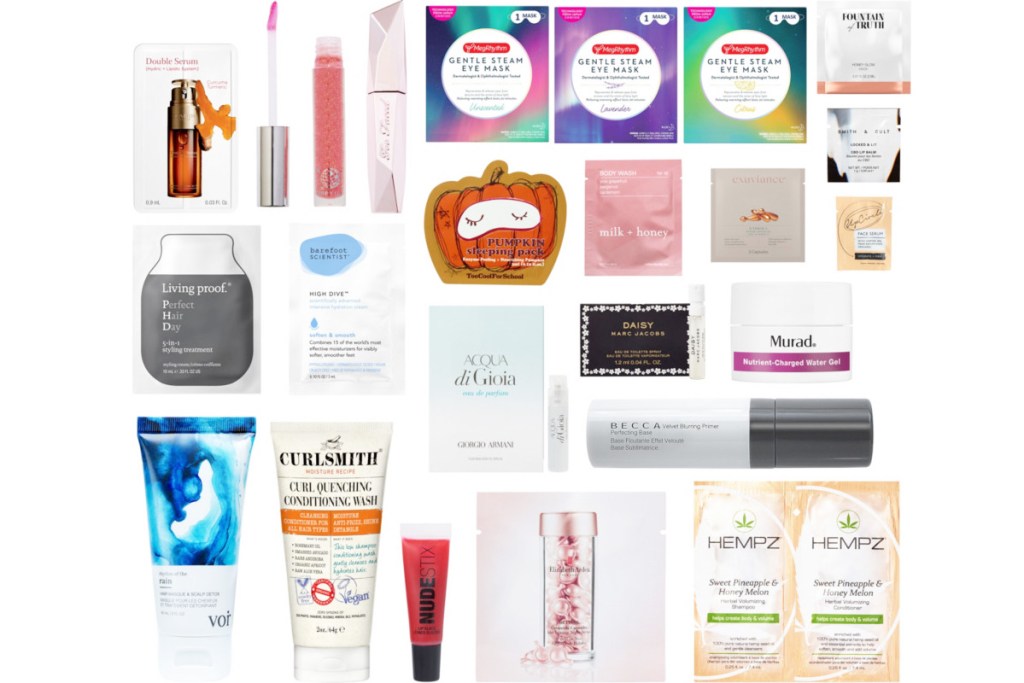 22-piece cosmetics sample set with various makeup and skincare items