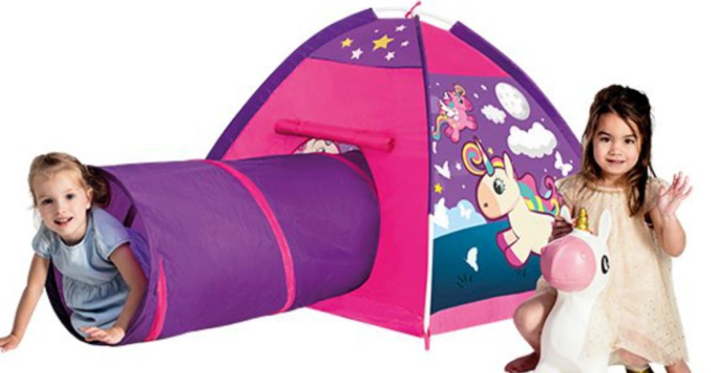 girls playing in Unicorn Tunnel Tent