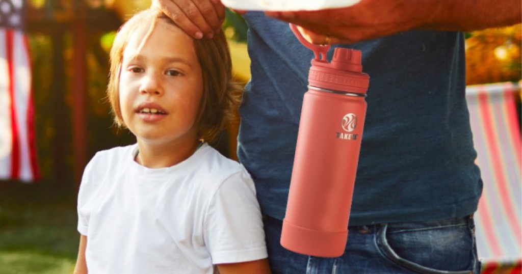 takeya water bottle man holding son and water bottle