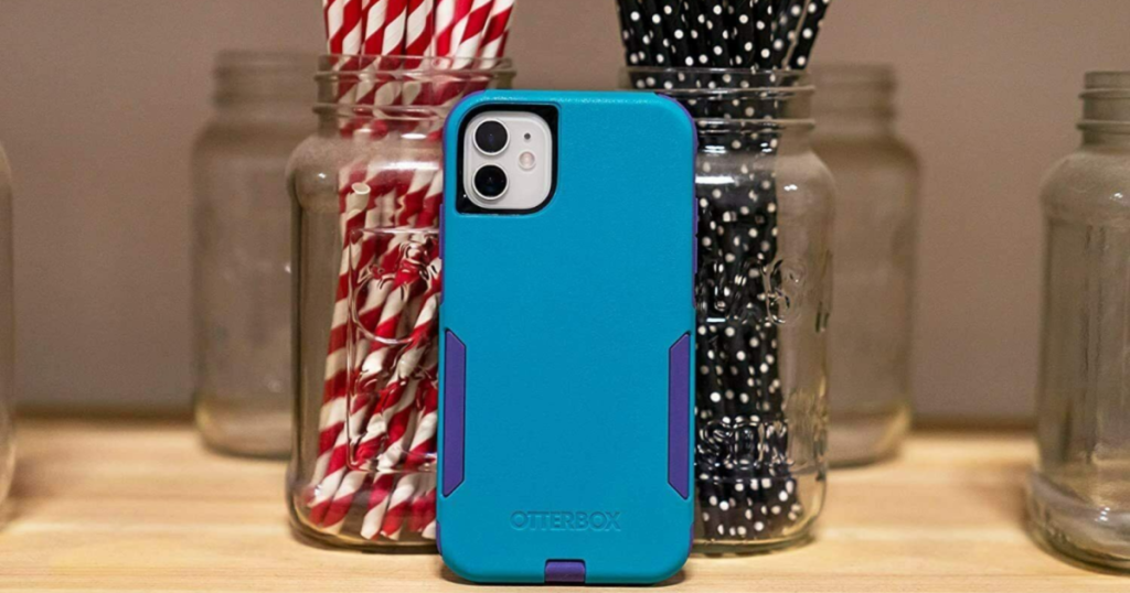 otter box defender series purple and teal phone case in kitchen