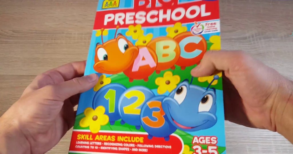 school zone big preschool workbook in hands