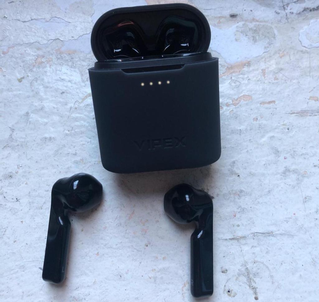 vipex bluetooth earbuds in black with the case open and ear buds placed on counter top