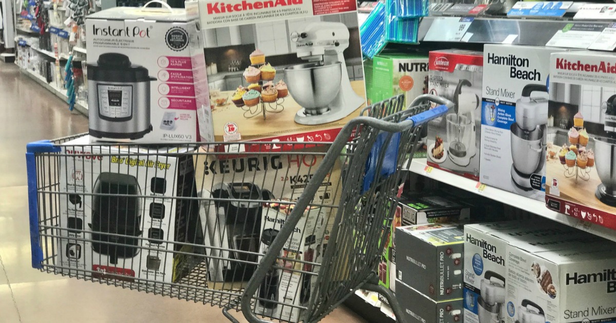 Walmart shopping cart full of appliances in-store