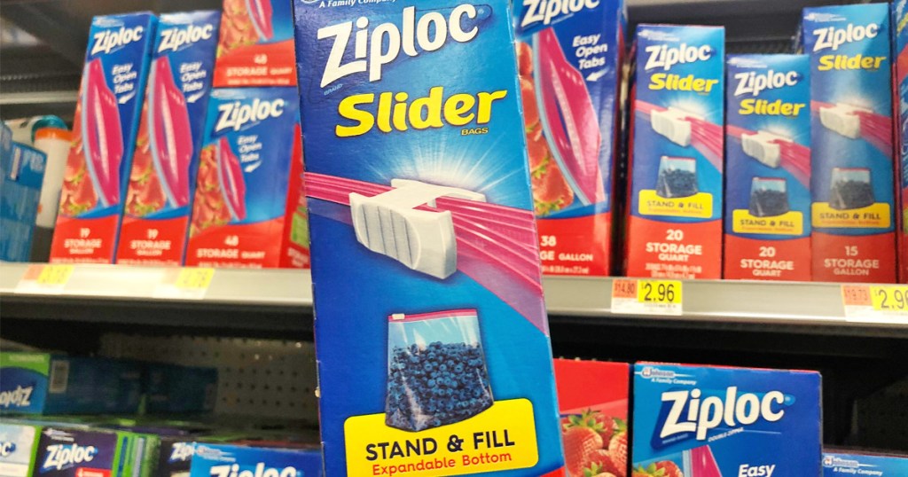 blue box of ziplock slider bags in front of store shelf filled with other ziploc bags