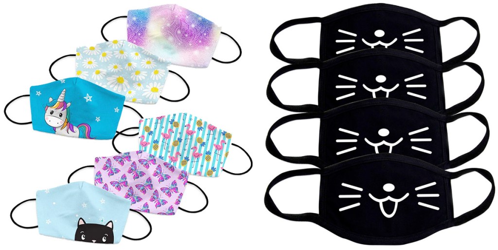 set of six kids reusable face masks with unicorn and flamingo prints and get of four black face masks with cat faces