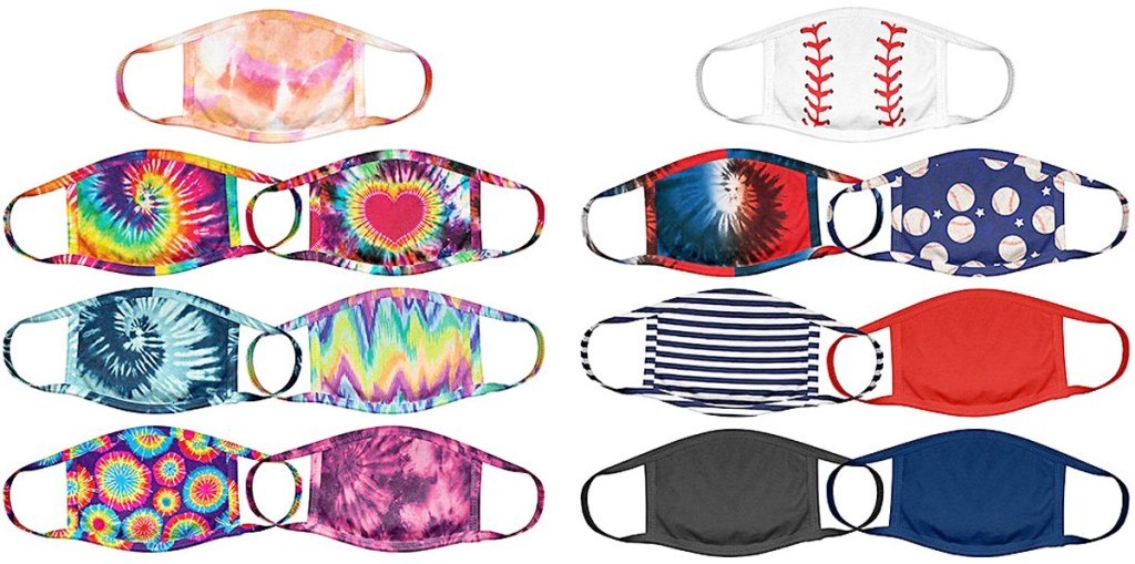 two set sof seven kids face masks in assorted tie dye and baseball prints